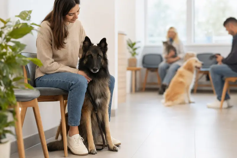 Ein Belgischer Schäferhund Tervueren sitzt ruhig neben seinem Besitzer im hellen Wartezimmer einer modernen Tierarztpraxis.
